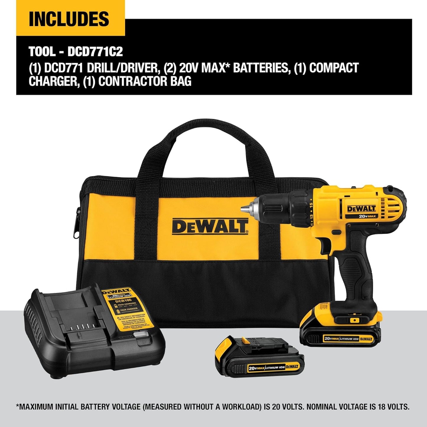 DEWALT 20V Max Cordless Drill/Driver Kit, 2 Batteries and Charger Included